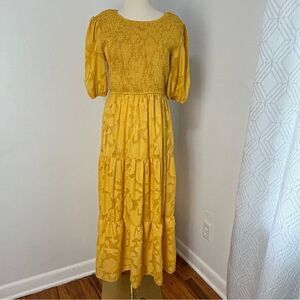 MEROKEETY Midi‎ Dress M Yellow Floral Puff Sleeve Smocked Flowy Tiered Milkmaid